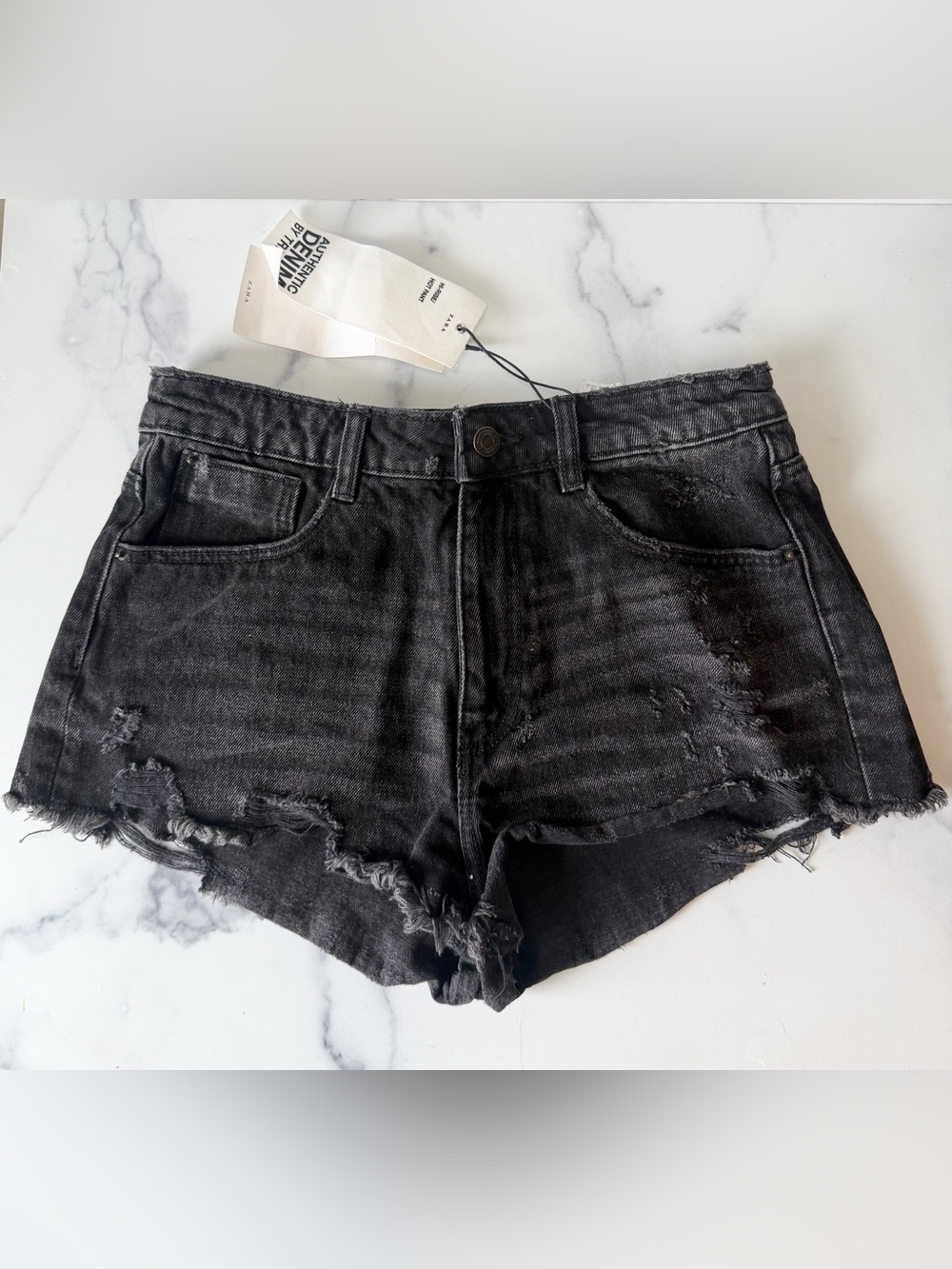 Zara Black Denim Jean Shorts Distressed Hot Pant, Size 6, NEW WITH TAGS